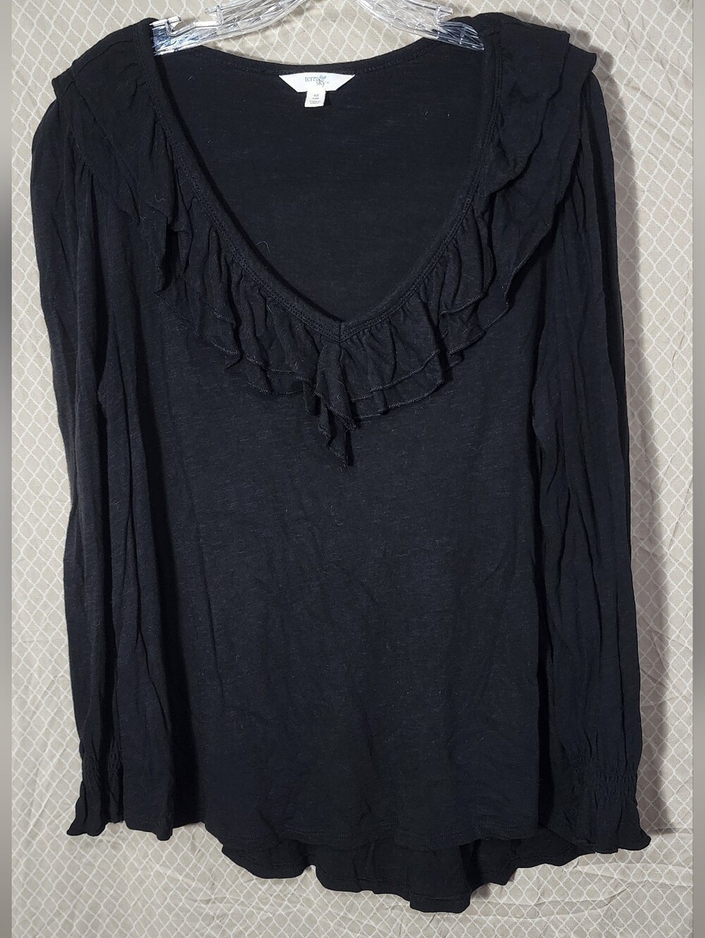 Terra & Sky Ruffle Neckline Smocked Cuff Lightweight Longsleeve Women's 14/0X